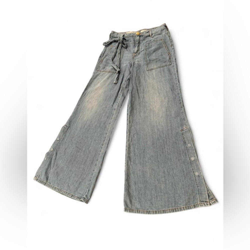 Pilcro Anthropologie Wide Leg Chambray Denim Pants Snap Button Side Slit Boho 28
